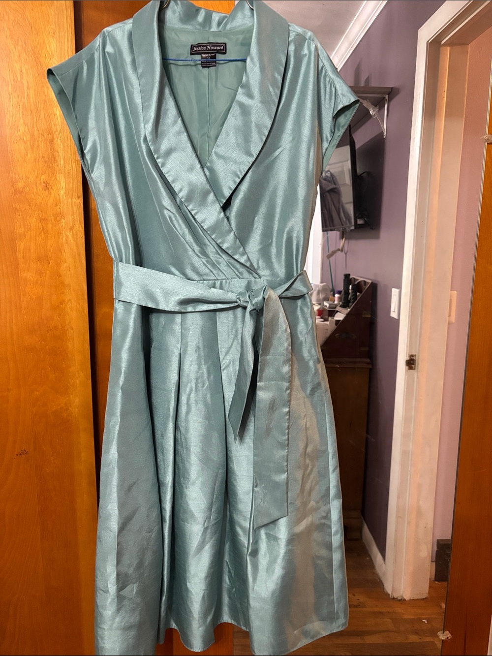 Jessica Howard Light Sage Satin Wrap Dress with Waist Tie